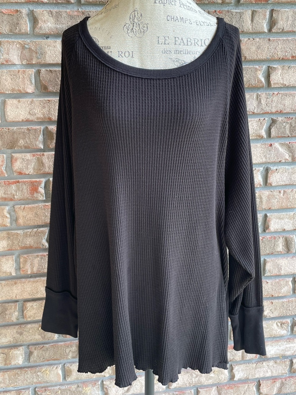 Free People Black Waffle Knit Long Sleeve Oversized Scoop Neck Top